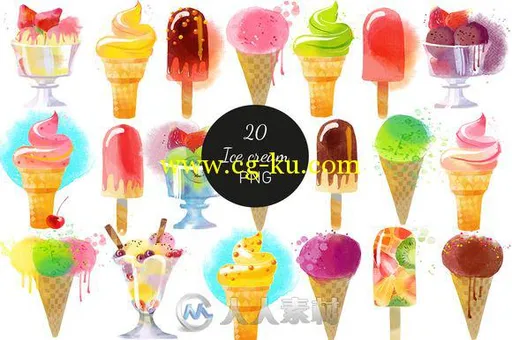 水彩风格冰淇淋甜筒展示矢量模板Watercolor Ice Cream的图片2