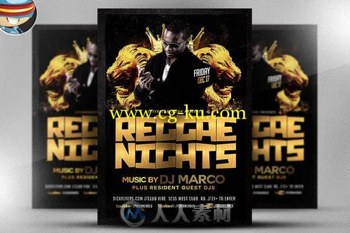 瑞格舞之夜海报PSD模板CM - Black & Gold Reggae Flyer Template 464635的图片1