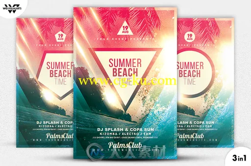 夏日沙滩活动海报展示PSD模板3in1 SUMMER BEACH Flyer Template 679953的图片1