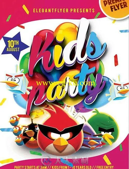 愤怒的小鸟主题儿童派对活动海报PSD模板Kids_Party的图片1