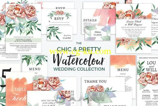 别致水彩婚礼邀请卡合辑PSD模板Chic Watercolour Wedding Collection的图片1