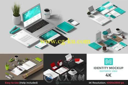 工作物品等距模拟展示PSD模板Identity Mockup Isometric view 4K的图片1