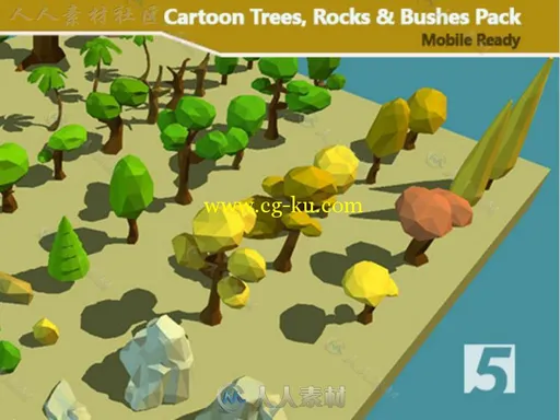 卡通树岩石和灌木植物模型Unity3D素材资源的图片3