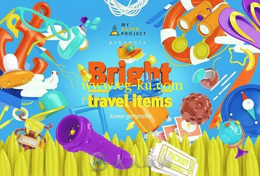 卡通风格旅游物品展示PSD模板Bright Travel Items Scene Generator的图片9