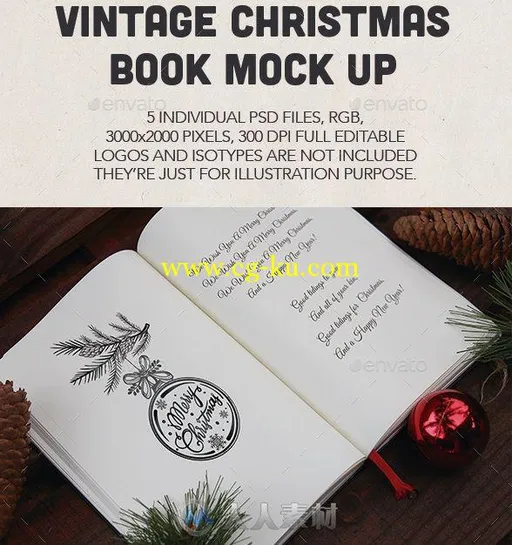 复古风格圣诞主题笔记本书籍展示PSD模板vintage-christmas-book-mock-up-13980103的图片1