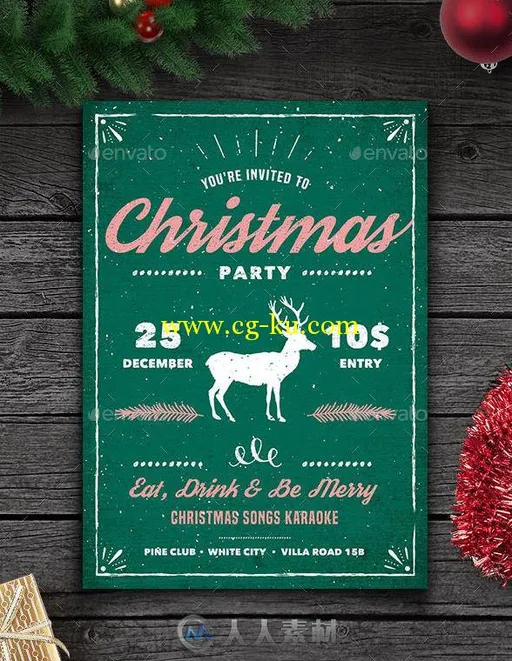 复古简洁圣诞派对海报PSD模板vintage-christmas-party-flyer-13839276的图片1