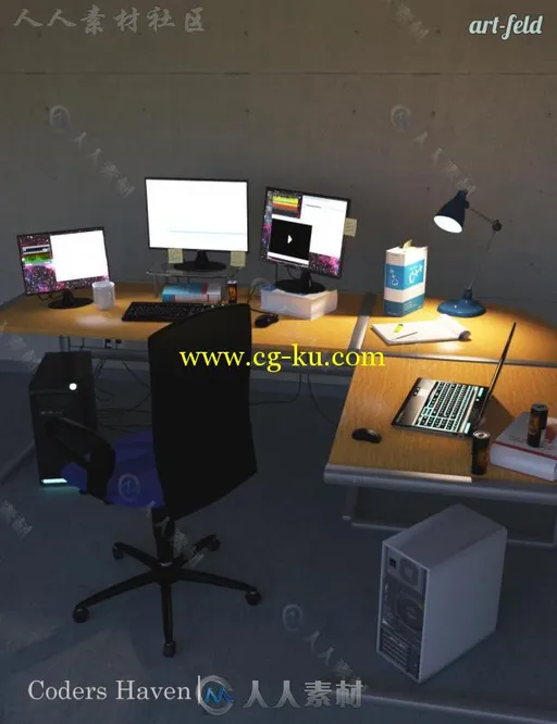 现代安静的程序员工作房间和道具3D模型合辑的图片1