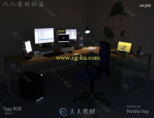 现代安静的程序员工作房间和道具3D模型合辑的图片3