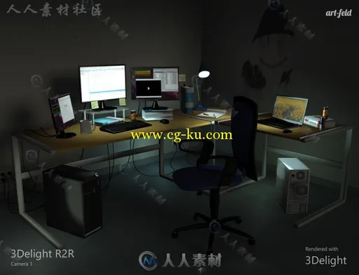 现代安静的程序员工作房间和道具3D模型合辑的图片4