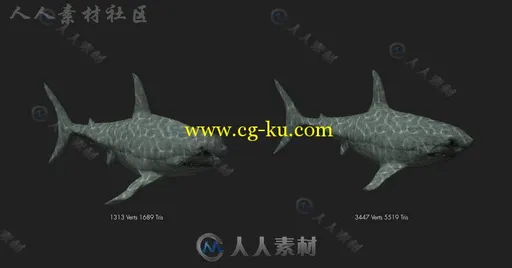 凶猛的大白鲨鱼类动物角色3D模型Unity游戏素材资源的图片3