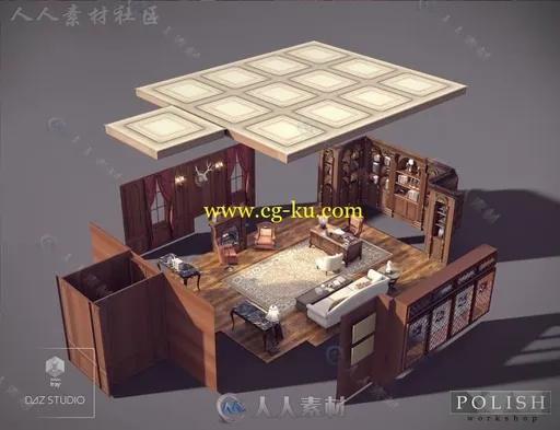 典型的百万富翁私人华丽办公室场景3D模型合辑的图片8