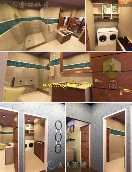 现代豪华时尚浴室和洗衣区3D模型合辑的图片1