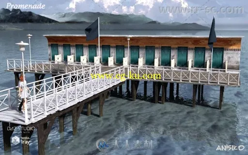 浪漫的海滩小屋浮桥环境和国旗3D模型合辑的图片2