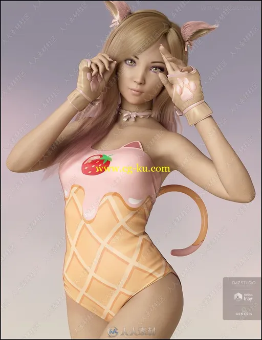 可爱猫耳朵女孩妆容服饰3D模型合集的图片1