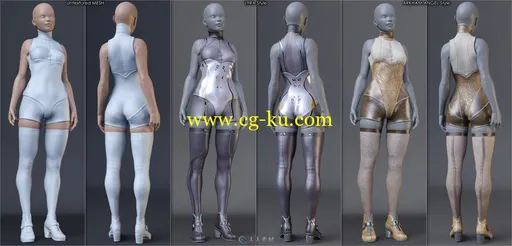 科幻未来皮革针织材质女性服饰3D模型的图片1