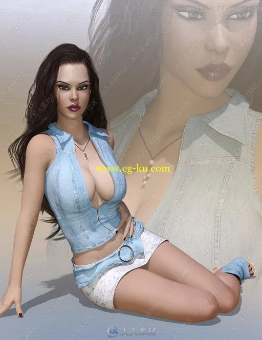 性感女性牛仔休闲服套装3D模型的图片5