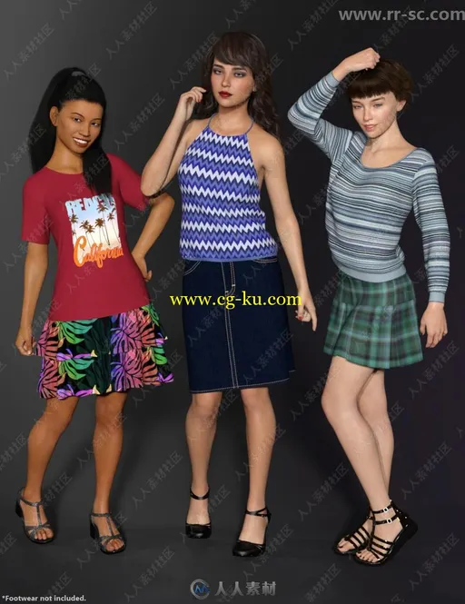 3种款式多种面料女性上衣连衣裙3D模型的图片1