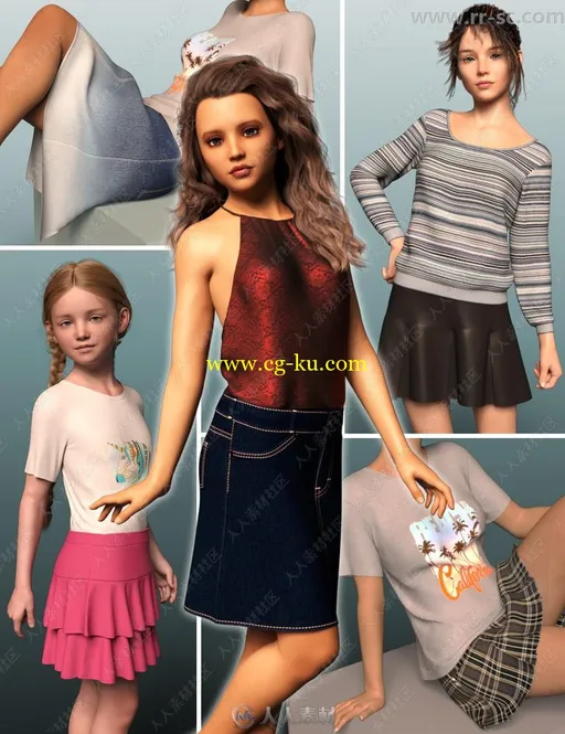 3种款式多种面料女性上衣连衣裙3D模型的图片2