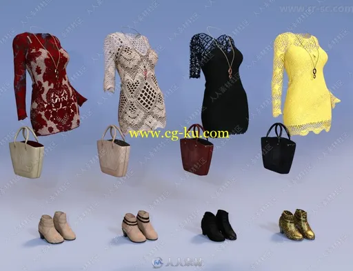 4套女性针织镂空连衣短裙3D模型的图片3