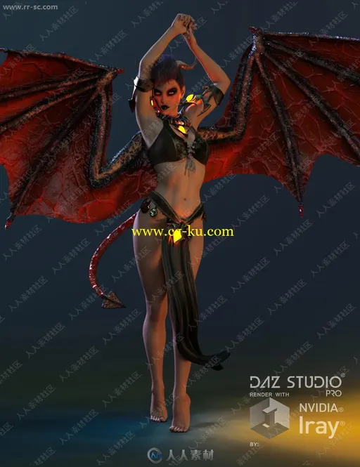 黑暗幻想蝙蝠女多组角翅膀尾巴姿势3D模型的图片2