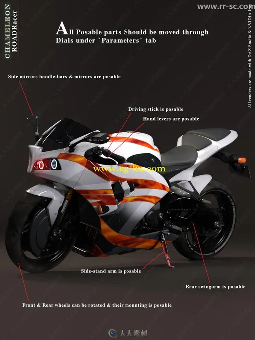 炫酷逼真摩托车与骑摩托姿势3D模型的图片3