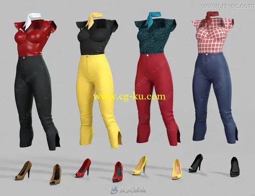 4套女性紧身短袖短裤高跟鞋3D模型的图片1