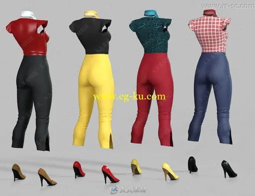 4套女性紧身短袖短裤高跟鞋3D模型的图片2