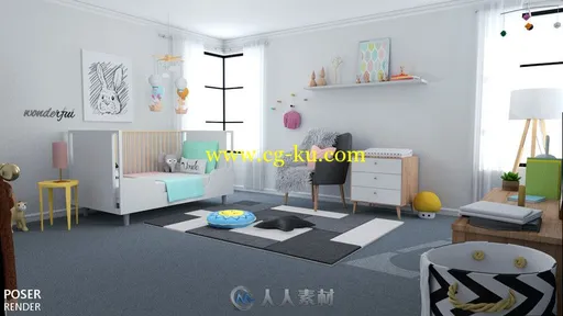 明亮儿童可爱装饰房间及家具场景3D模型的图片3