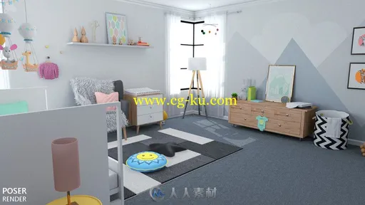 明亮儿童可爱装饰房间及家具场景3D模型的图片4