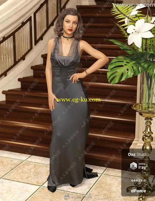 6种颜色高贵华丽女性拖地长裙礼服3D模型的图片1