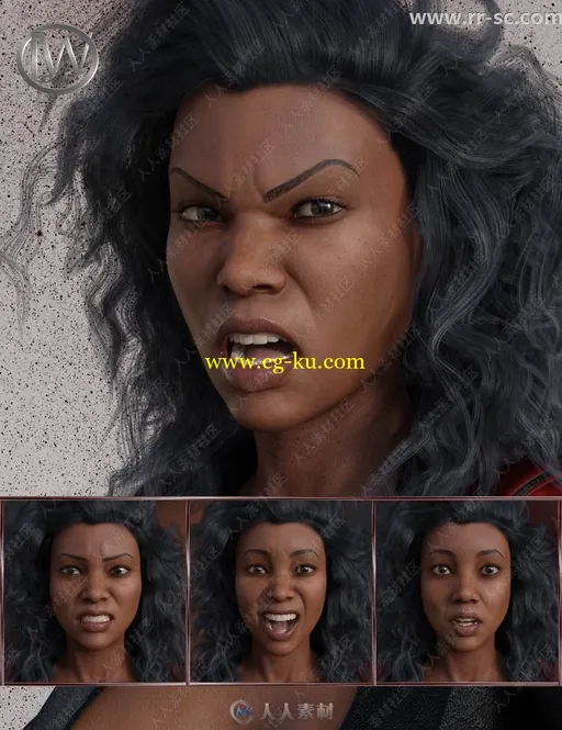 黑色皮肤女性多种夸张生动面部表情3D模型的图片1