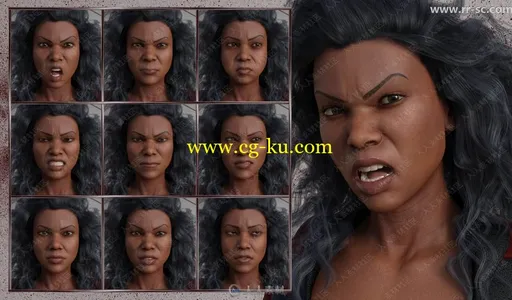 黑色皮肤女性多种夸张生动面部表情3D模型的图片2