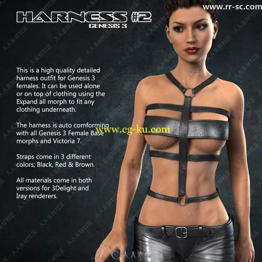 4种颜色皮质绑带性感暴露女性上衣3D模型的图片1
