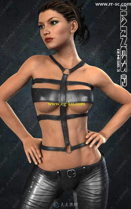 4种颜色皮质绑带性感暴露女性上衣3D模型的图片3