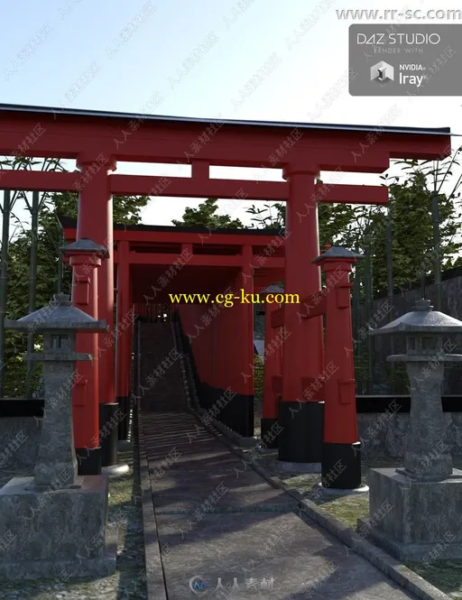 日本神社鸟居人行道建筑景观3D模型的图片1