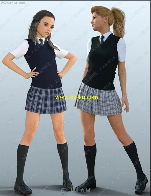 不同颜色衬衫背心条纹裙女学生制服3D模型的图片2