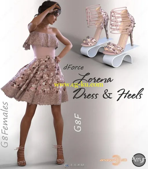美丽时尚不同花纹女性夏季连衣裙高跟鞋3D模型合集的图片1