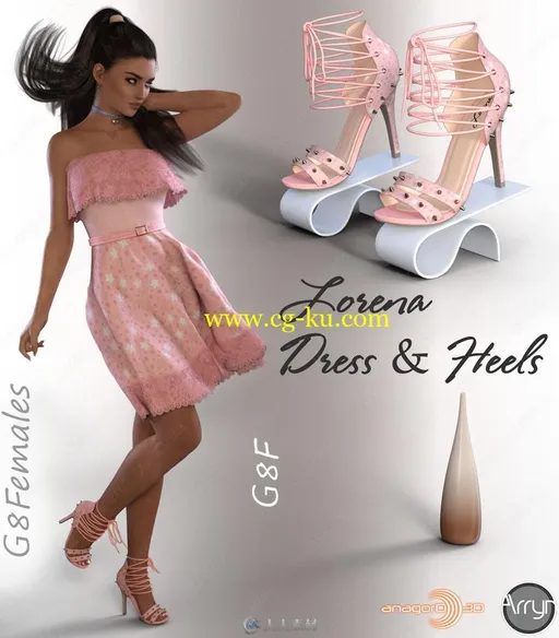 美丽时尚不同花纹女性夏季连衣裙高跟鞋3D模型合集的图片2