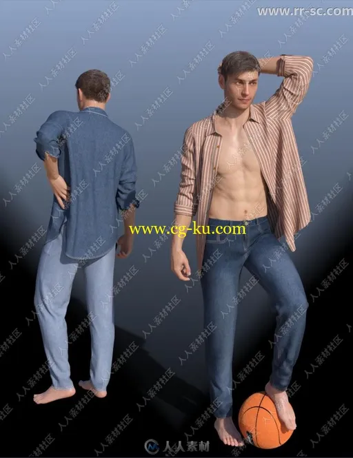 男性休闲条纹格子衬衫牛仔裤3D模型的图片2