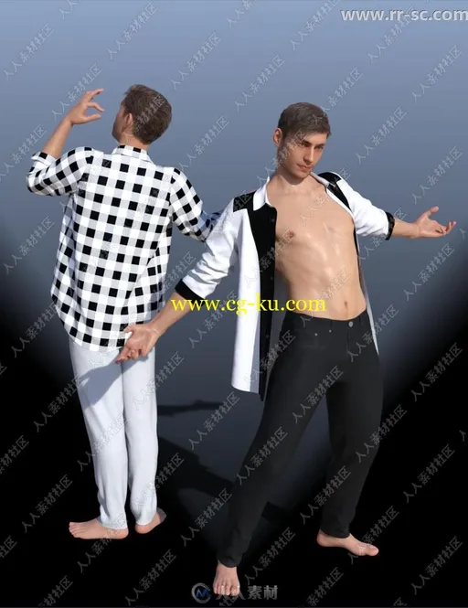 男性休闲条纹格子衬衫牛仔裤3D模型的图片3