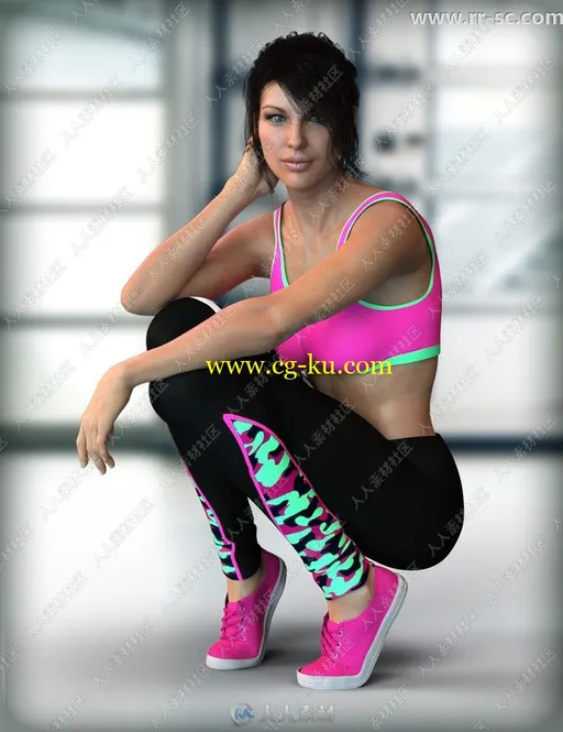 时尚女性运动短款上衣紧身长裤鞋子3D模型的图片2