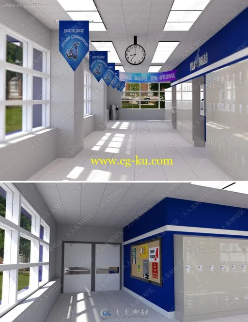 干净整洁学校走廊储物柜横幅指示3D模型的图片1
