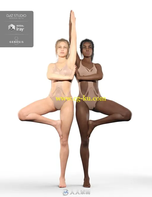 黑白肤色瑜伽双人多种姿势女性角色3D模型合集的图片2