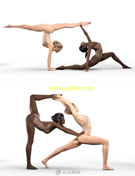 黑白肤色瑜伽双人多种姿势女性角色3D模型合集的图片3