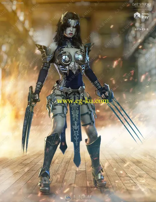 奇幻女战士多套不同颜色铠甲锋利武器3D模型的图片2