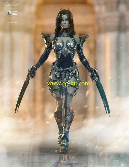 奇幻女战士多套不同颜色铠甲锋利武器3D模型的图片3