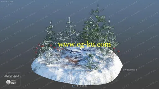 寒冬多组不同大小挂雪松树雪场景3D模型的图片2