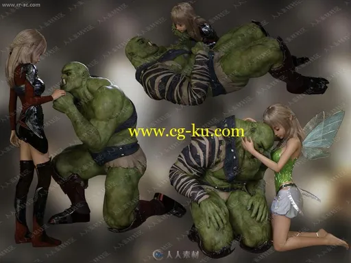 怪物兽人与女同伴多组打杀姿势动作3D模型的图片2