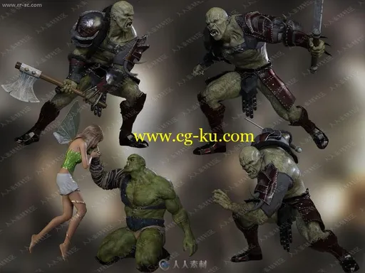 怪物兽人与女同伴多组打杀姿势动作3D模型的图片3
