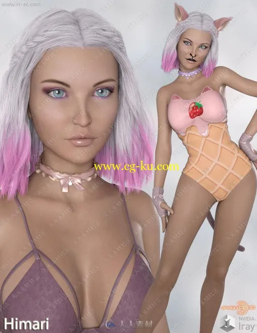 甜美可爱女孩多组花猫妆容泳衣3D模型的图片1